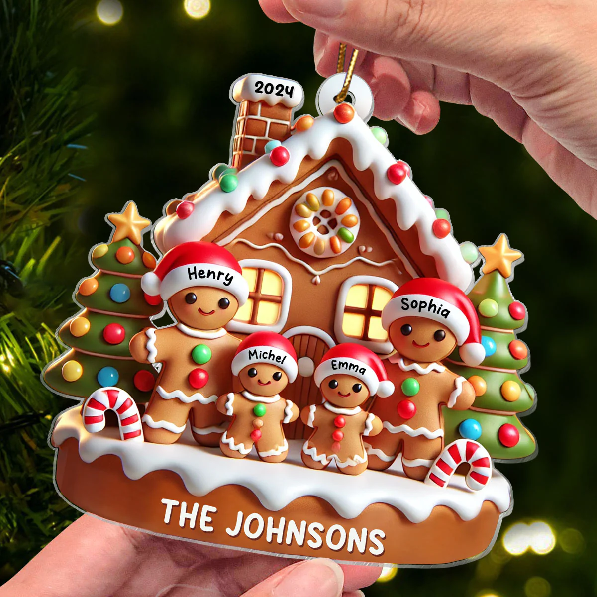 Gingerbread Family With Gingerbread House 3D Effect Personalized Acrylic Ornament - Image 3