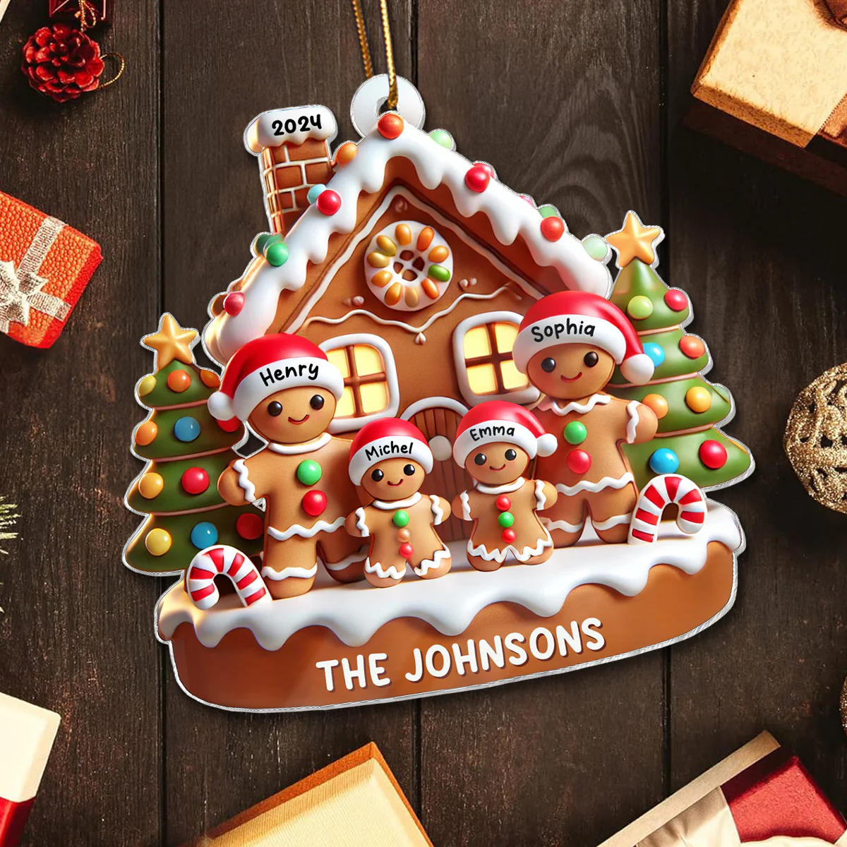 Gingerbread Family With Gingerbread House 3D Effect Personalized Acrylic Ornament - Image 5