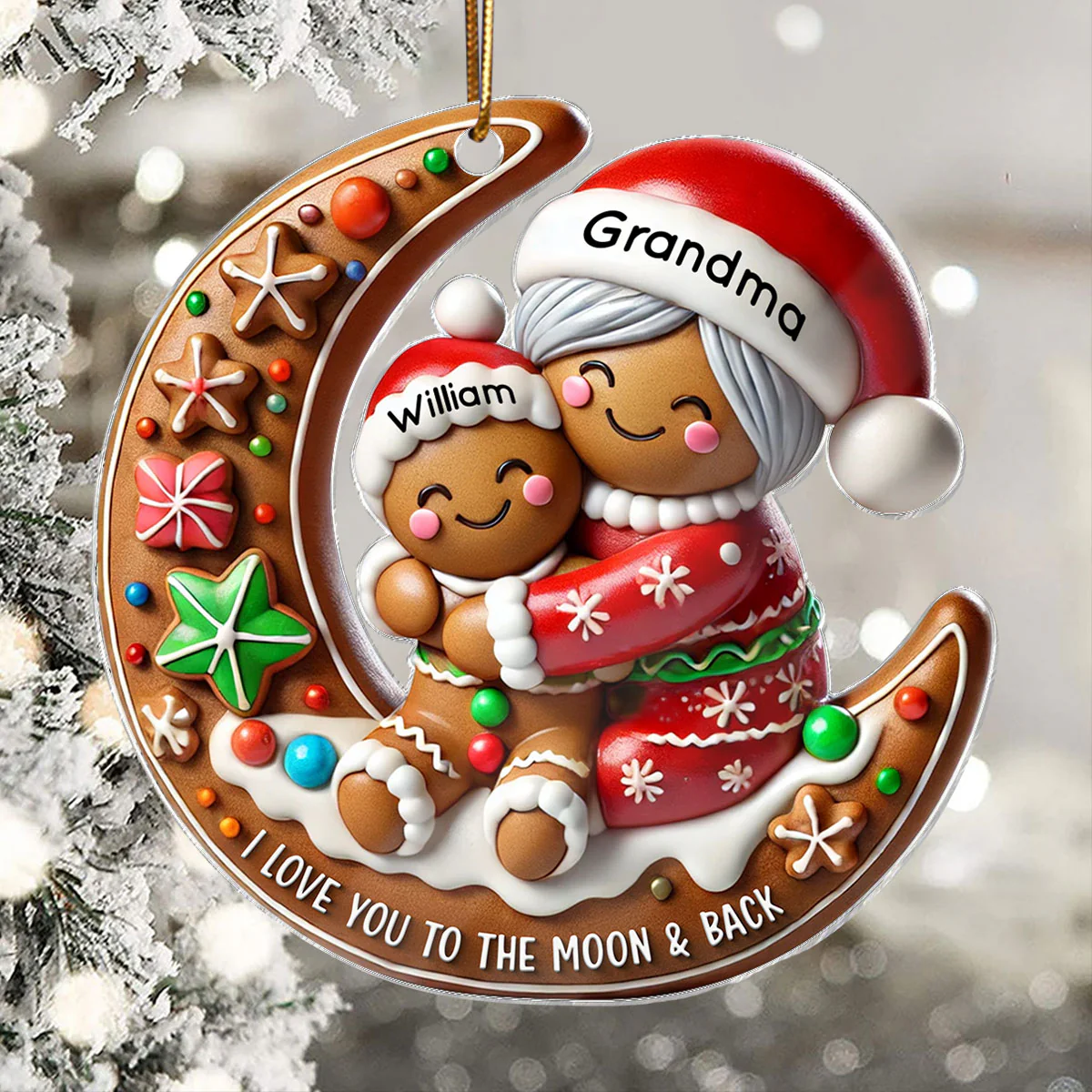 3D Effect Gingerbread Grandma Hugging Grandkid On Moon Christmas - Personalized Acrylic Ornament - Gift For Granddaughter, Grandson