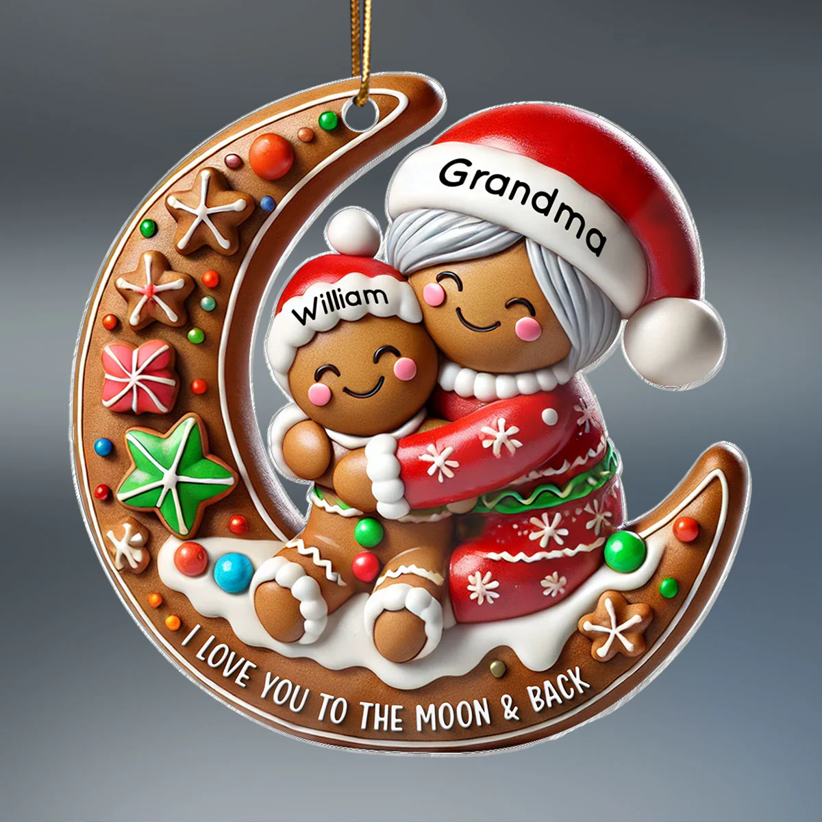 3D Effect Gingerbread Grandma Hugging Grandkid On Moon Christmas - Personalized Acrylic Ornament - Gift For Granddaughter, Grandson - Image 2