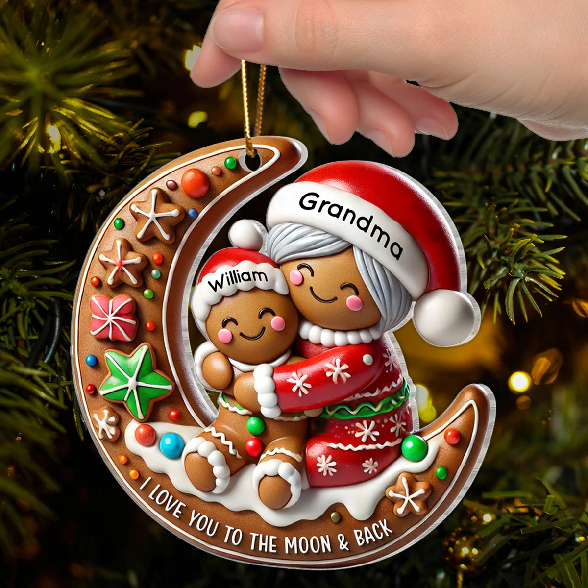 3D Effect Gingerbread Grandma Hugging Grandkid On Moon Christmas - Personalized Acrylic Ornament - Gift For Granddaughter, Grandson - Image 3