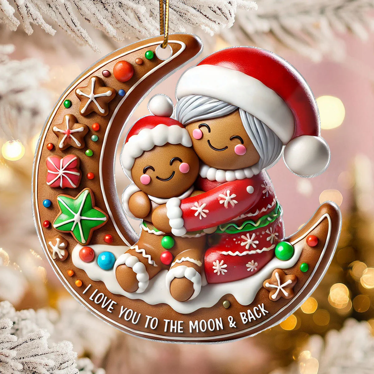 3D Effect Gingerbread Grandma Hugging Grandkid On Moon Christmas - Personalized Acrylic Ornament - Gift For Granddaughter, Grandson - Image 4