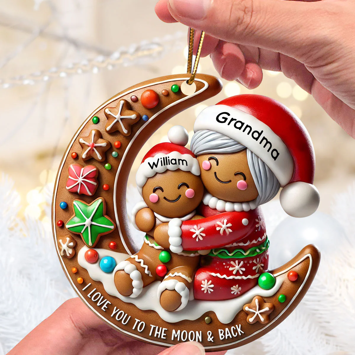 3D Effect Gingerbread Grandma Hugging Grandkid On Moon Christmas - Personalized Acrylic Ornament - Gift For Granddaughter, Grandson - Image 5