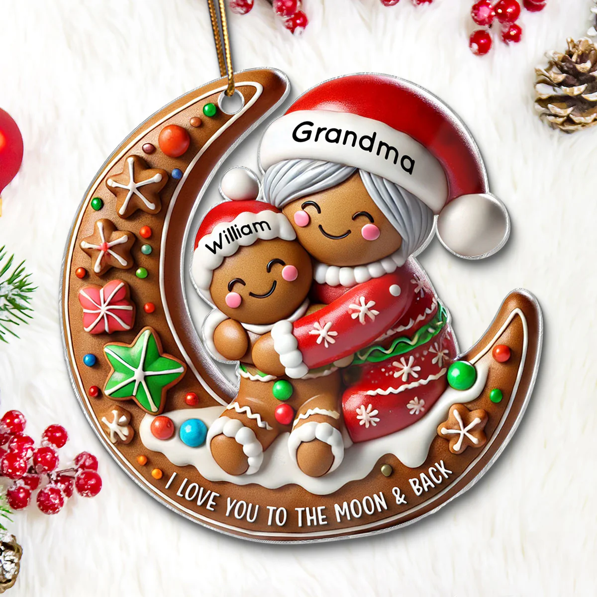 3D Effect Gingerbread Grandma Hugging Grandkid On Moon Christmas - Personalized Acrylic Ornament - Gift For Granddaughter, Grandson - Image 6