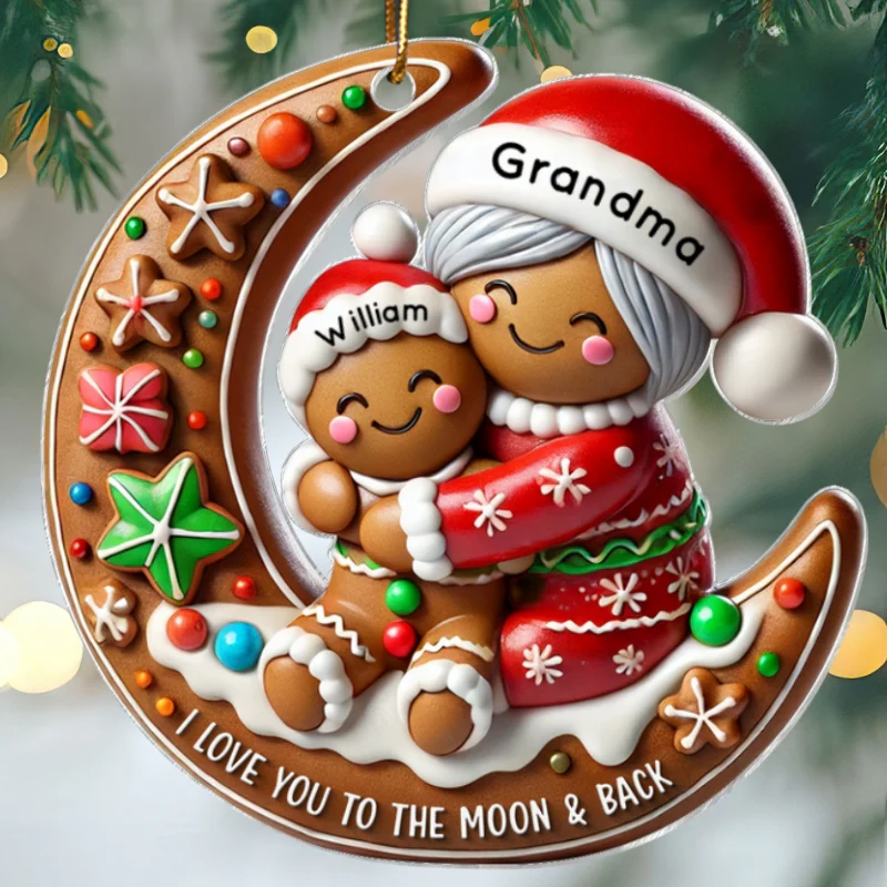 3D Effect Gingerbread Grandma Hugging Grandkid On Moon Christmas - Personalized Acrylic Ornament - Gift For Granddaughter, Grandson - Image 8