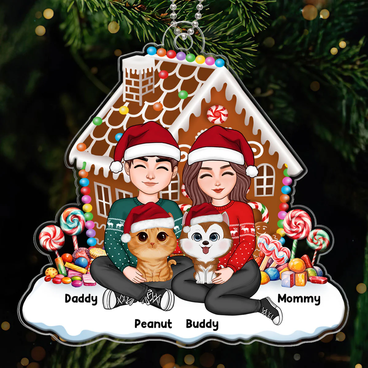 Gingerbread House Couple And Dogs Cats Personalized Acrylic Ornament