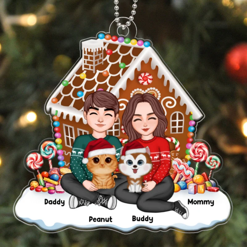 Gingerbread House Couple And Dogs Cats Personalized Acrylic Ornament - Image 5