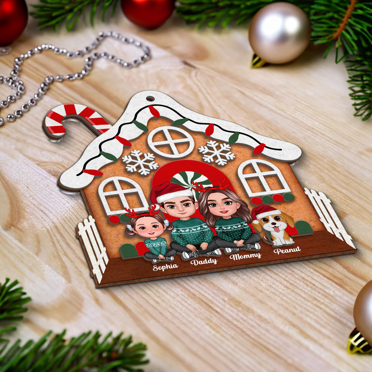 Gingerbread House Family Christmas Decor Personalized 2-Layer Wooden Ornament - Image 4