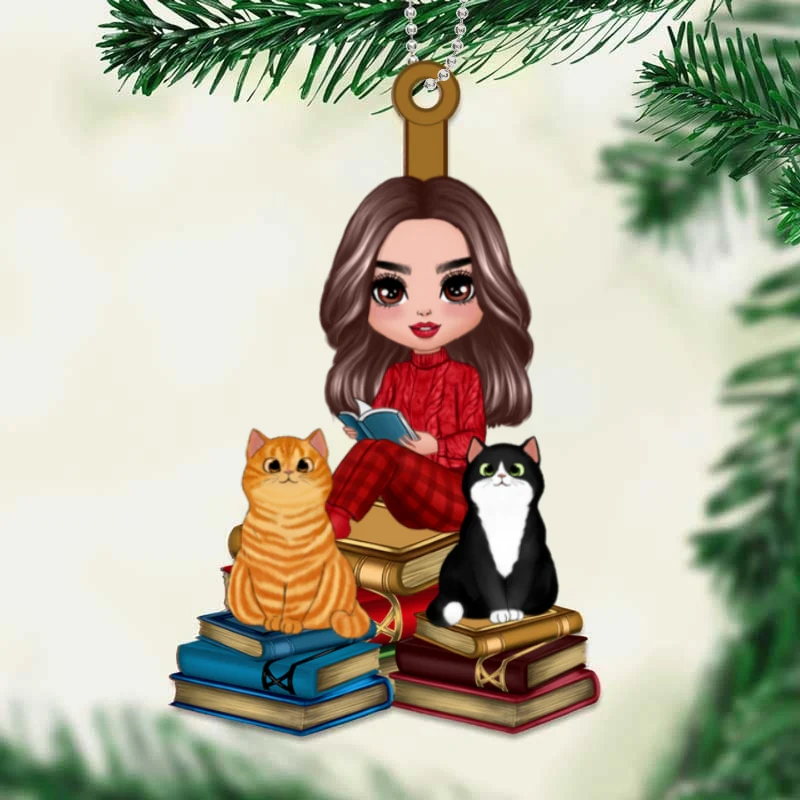 Girl And Cats Sitting On Book Personalized Wooden Ornament - Image 4
