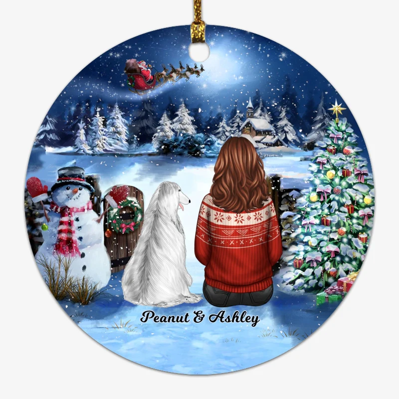 Girl And Dogs Christmas Gate Personalized Circle Ornament - Image 2