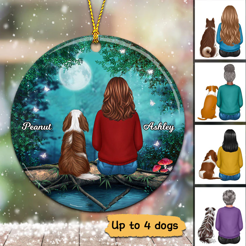 Girl And Dogs Tree Log Personalized Circle Ornament - Image 2