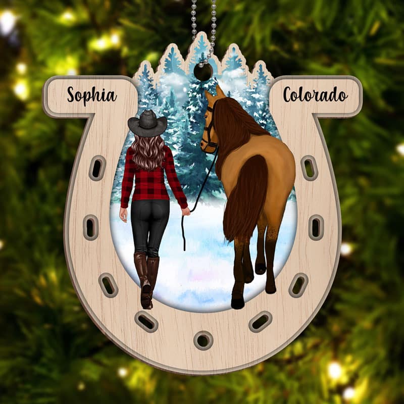 Girl And Horse Horseshoe Personalized Wooden Ornament