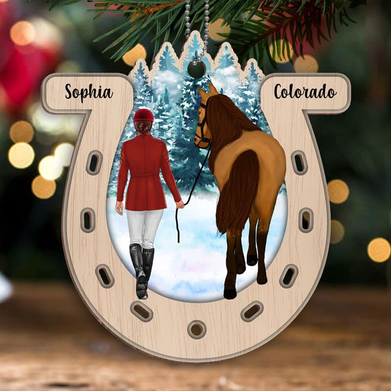 Girl And Horse Horseshoe Personalized Wooden Ornament - Image 2