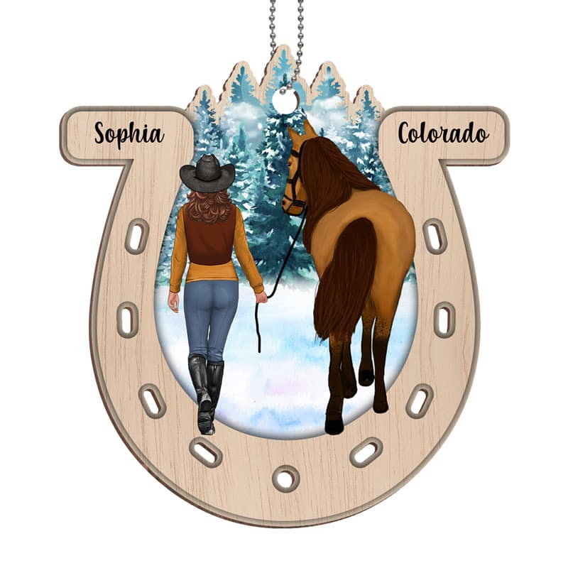 Girl And Horse Horseshoe Personalized Wooden Ornament - Image 3