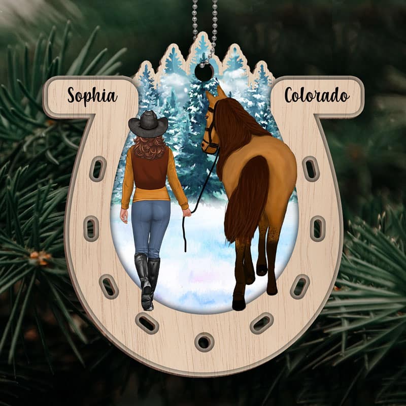 Girl And Horse Horseshoe Personalized Wooden Ornament - Image 4
