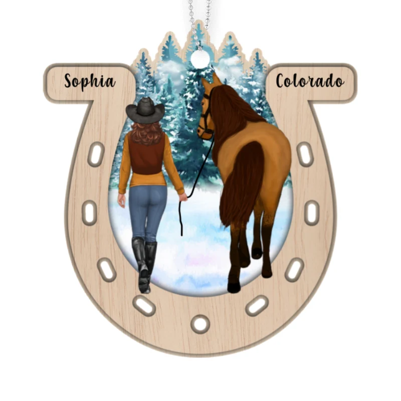 Girl And Horse Horseshoe Personalized Wooden Ornament - Image 5