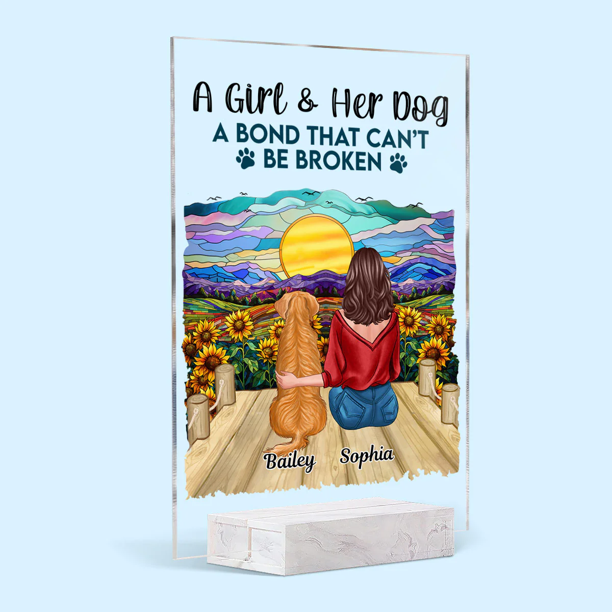 Girl & Dog Bond Cannot Be Broken Sunflower Stained Glass Effect Personalized Acrylic Plaque - Image 2