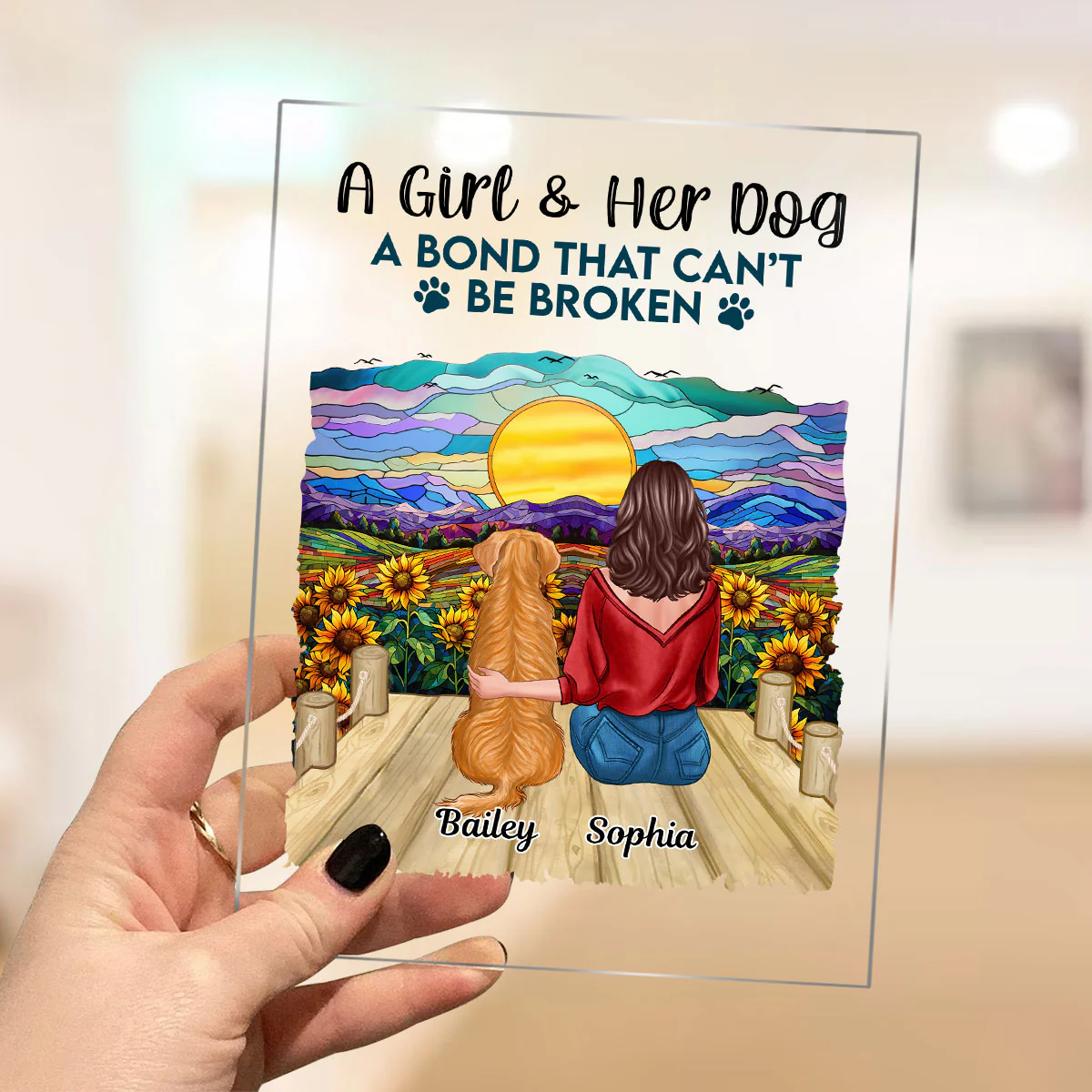Girl & Dog Bond Cannot Be Broken Sunflower Stained Glass Effect Personalized Acrylic Plaque - Image 3