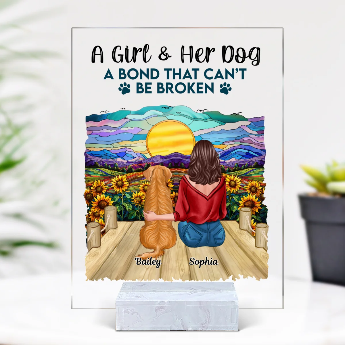 Girl & Dog Bond Cannot Be Broken Sunflower Stained Glass Effect Personalized Acrylic Plaque - Image 4