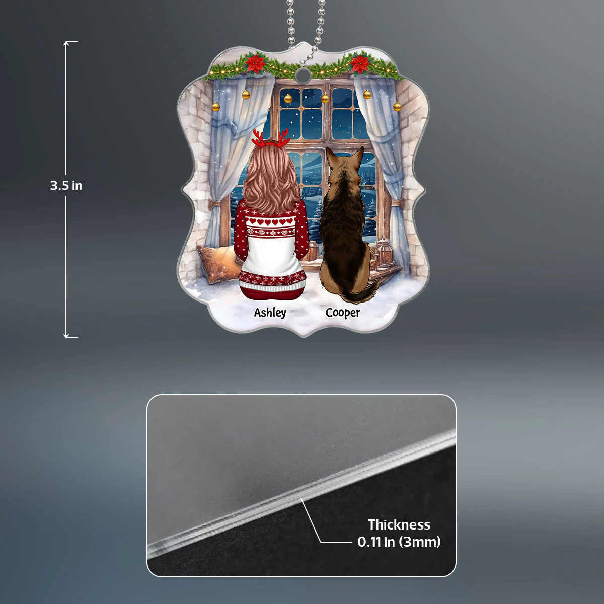 Girl & Dog Cat Sitting At Christmas Window Personalized Acrylic Ornament - Image 4