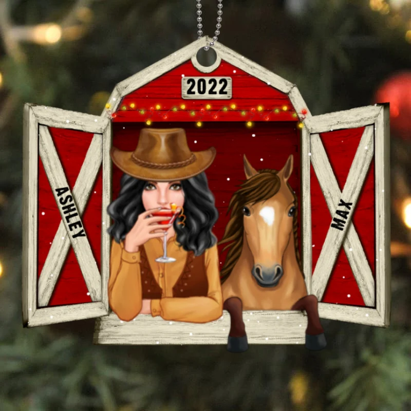 Girl & Horse At Barn Personalized Wooden Ornament