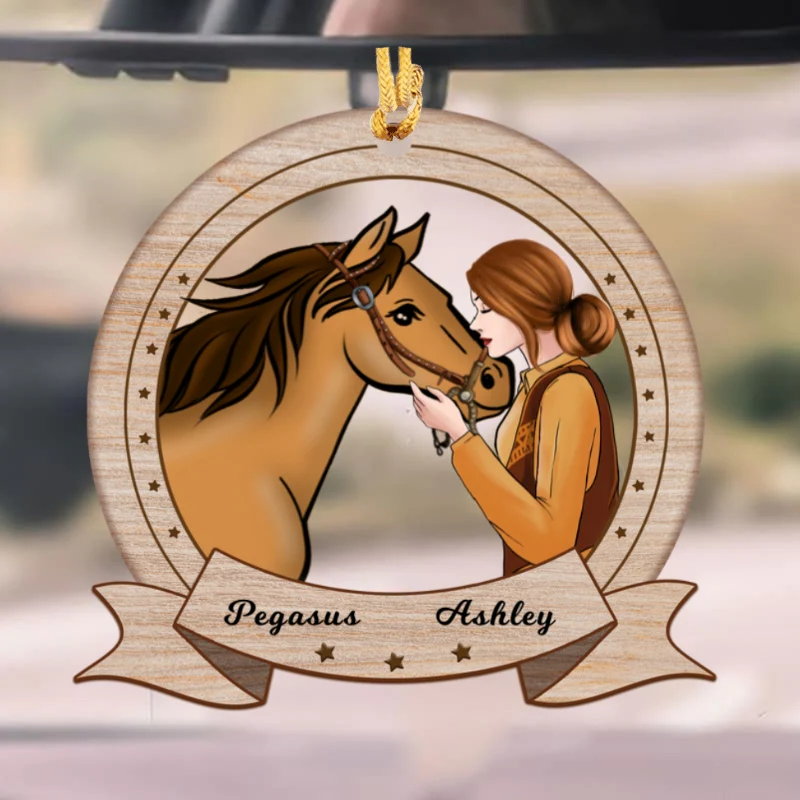 Girl Loves Her Horse Horseshoe Shape Personalized Wooden Ornament - Image 2