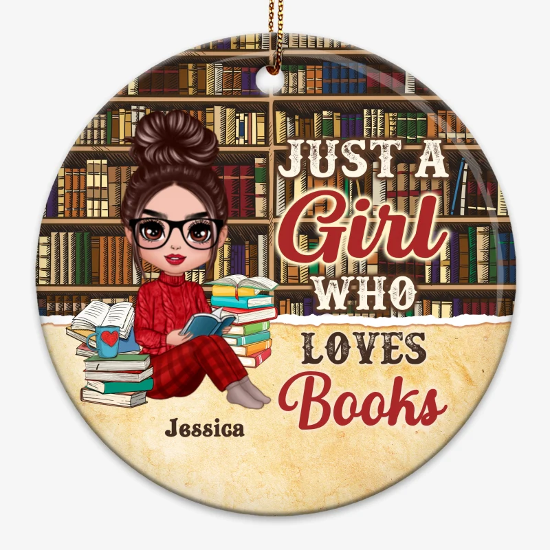 Girl Reading Books Bookshelf Background Personalized Circle Ornament - Image 3