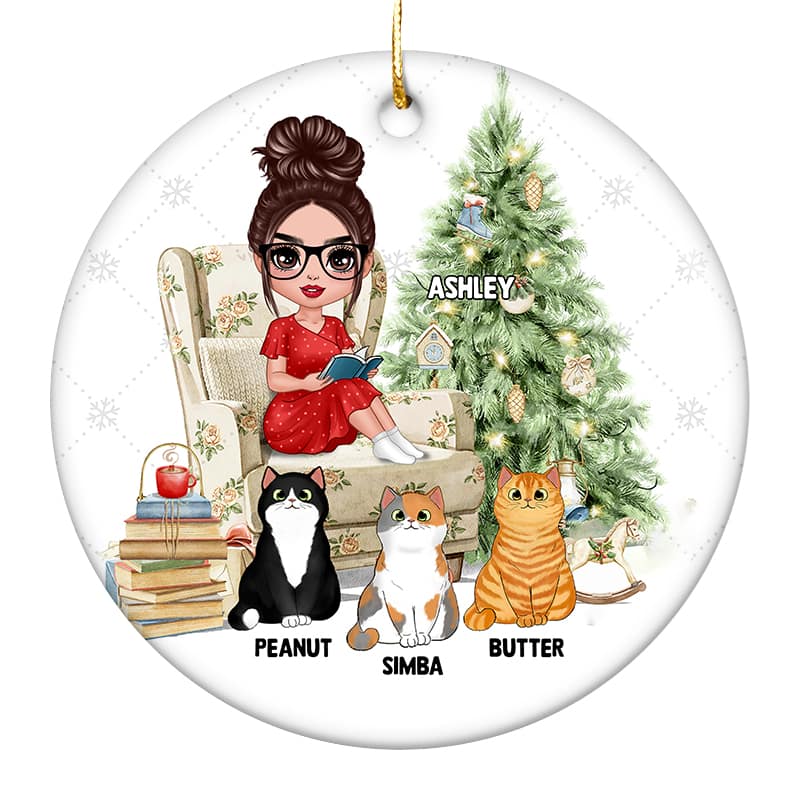 Girl Reading With Cats Christmas Personalized Circle Ornament