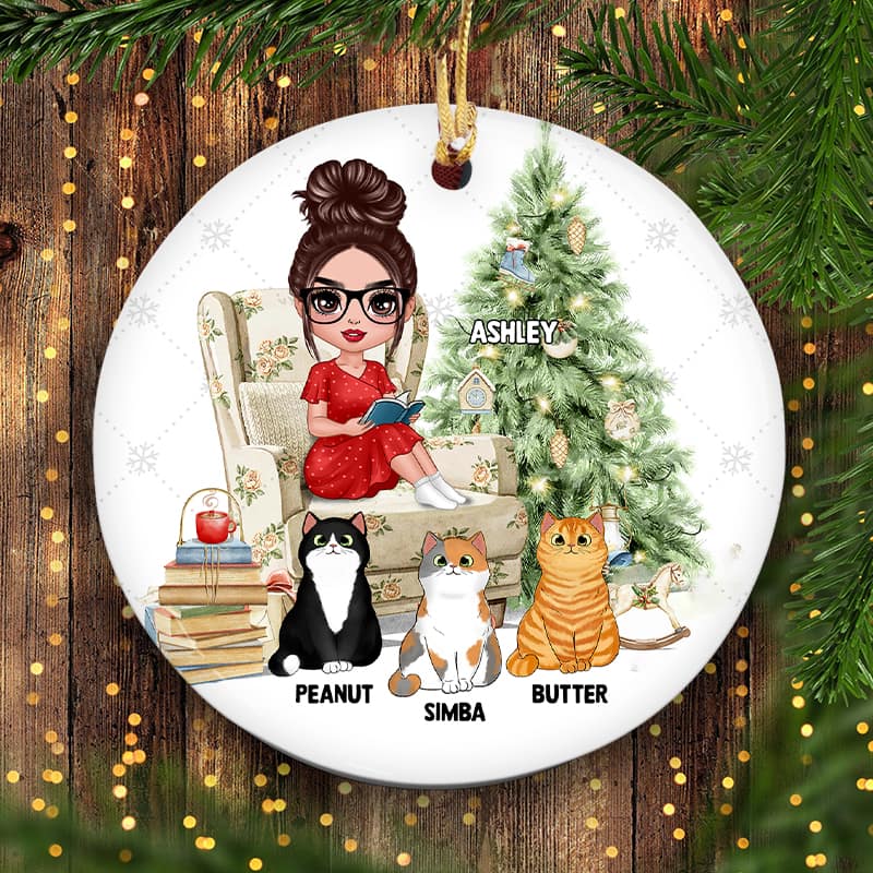 Girl Reading With Cats Christmas Personalized Circle Ornament - Image 2