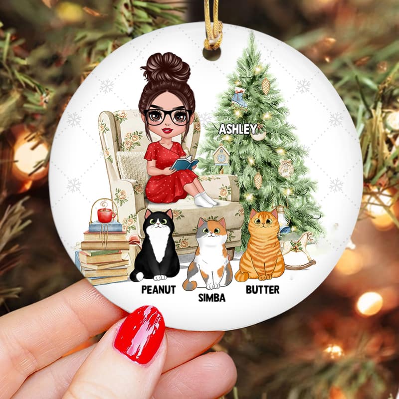 Girl Reading With Cats Christmas Personalized Circle Ornament - Image 3