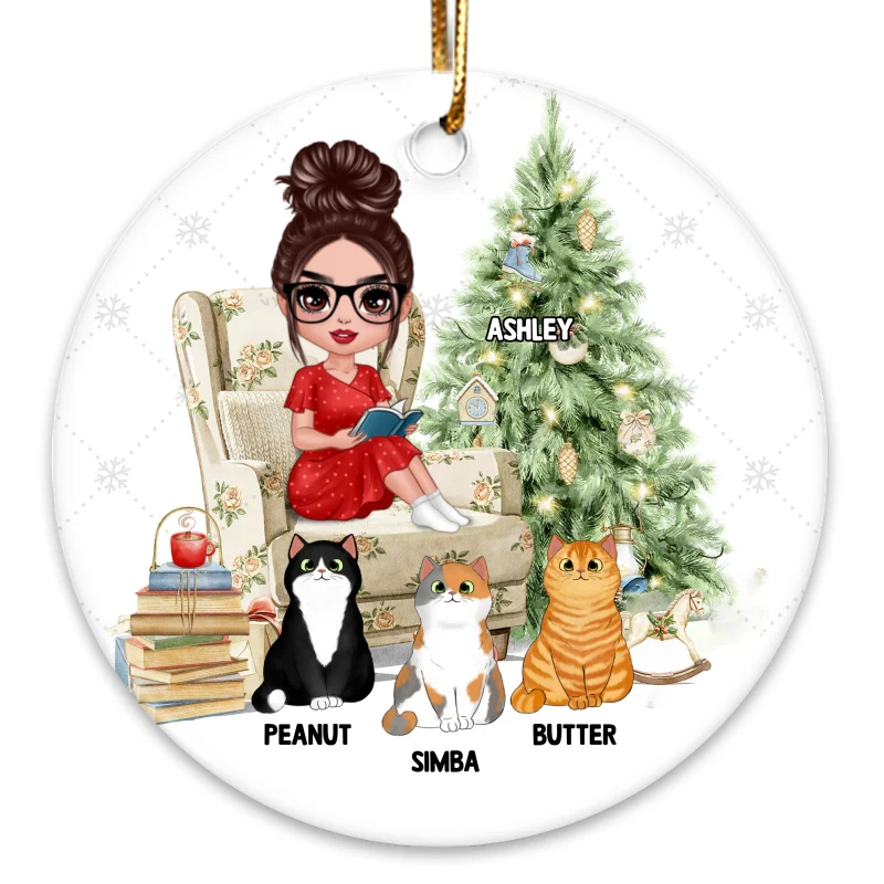 Girl Reading With Cats Christmas Personalized Circle Ornament - Image 4