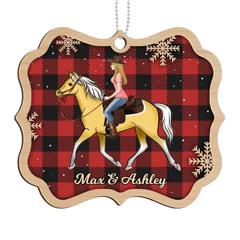Girl Riding Horse Checkered Personalized Wooden Ornament