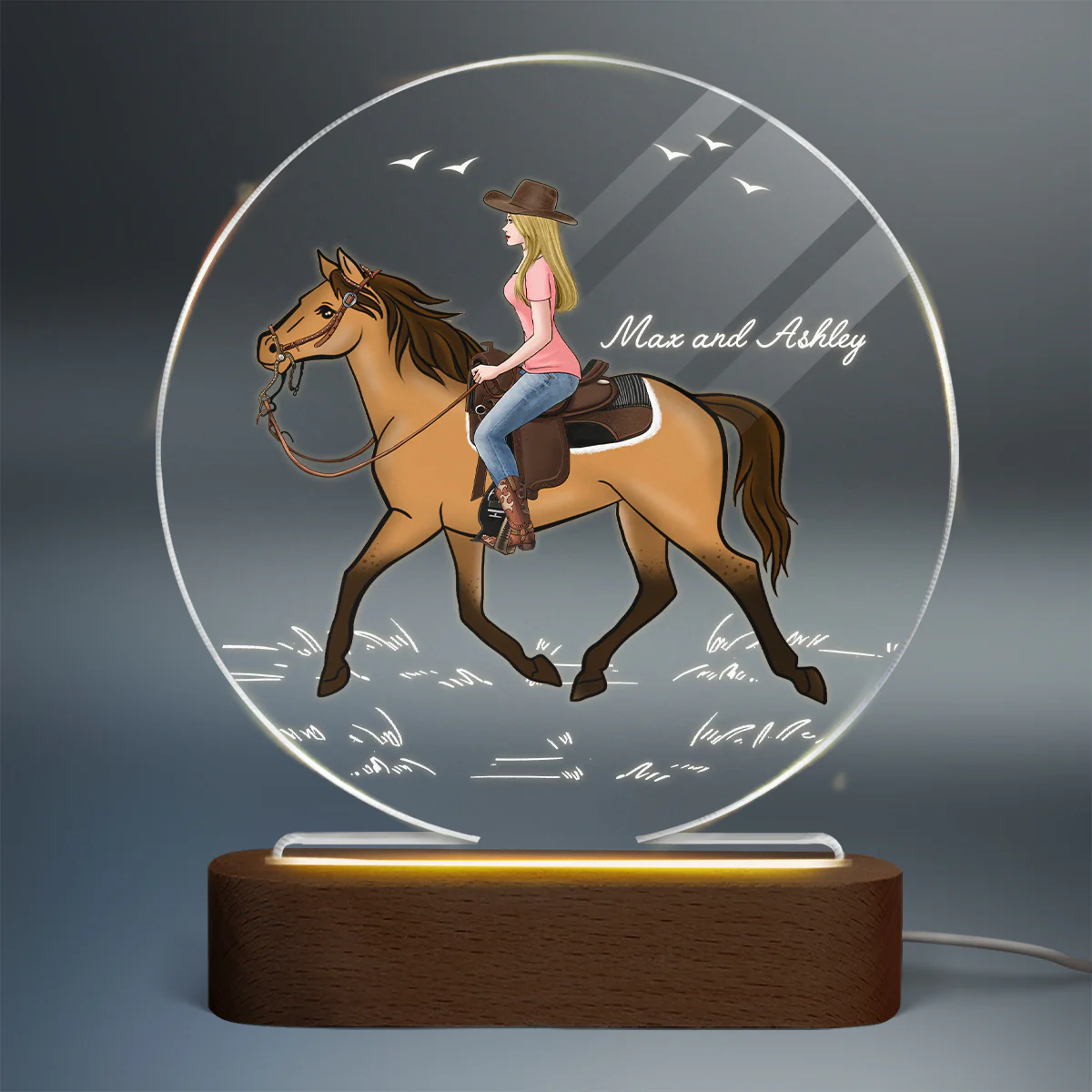 Girl Riding Horse Gift For Horse Lover Personalized Circle Acrylic Plaque With LED Night Light - Image 2