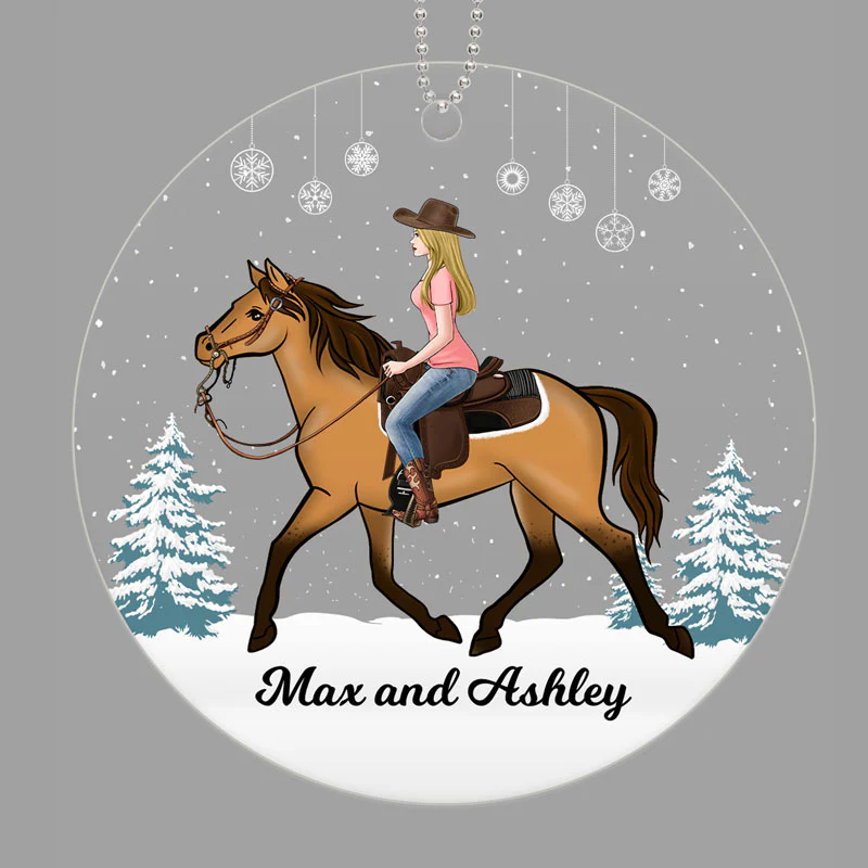Girl Riding Horse In Snow Personalized Acrylic Ornament - Image 2