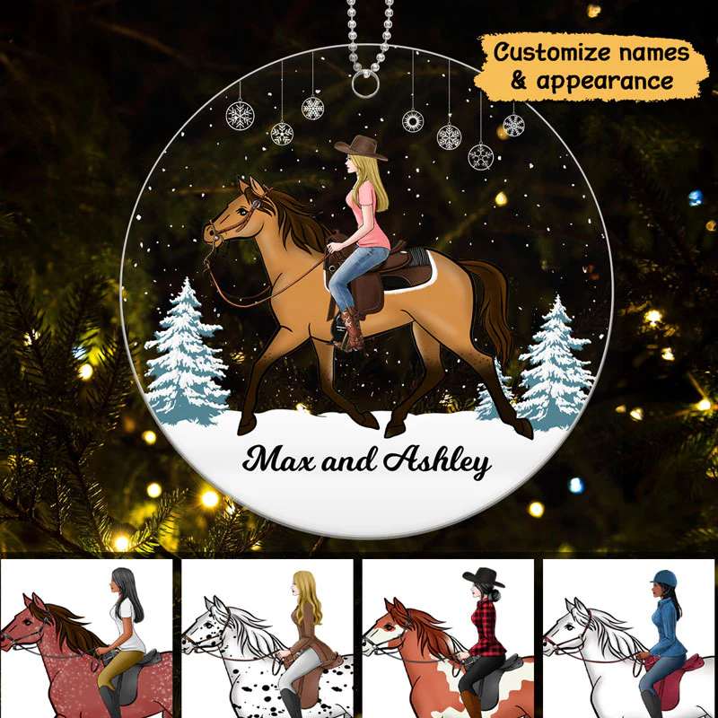 Girl Riding Horse In Snow Personalized Acrylic Ornament - Image 3
