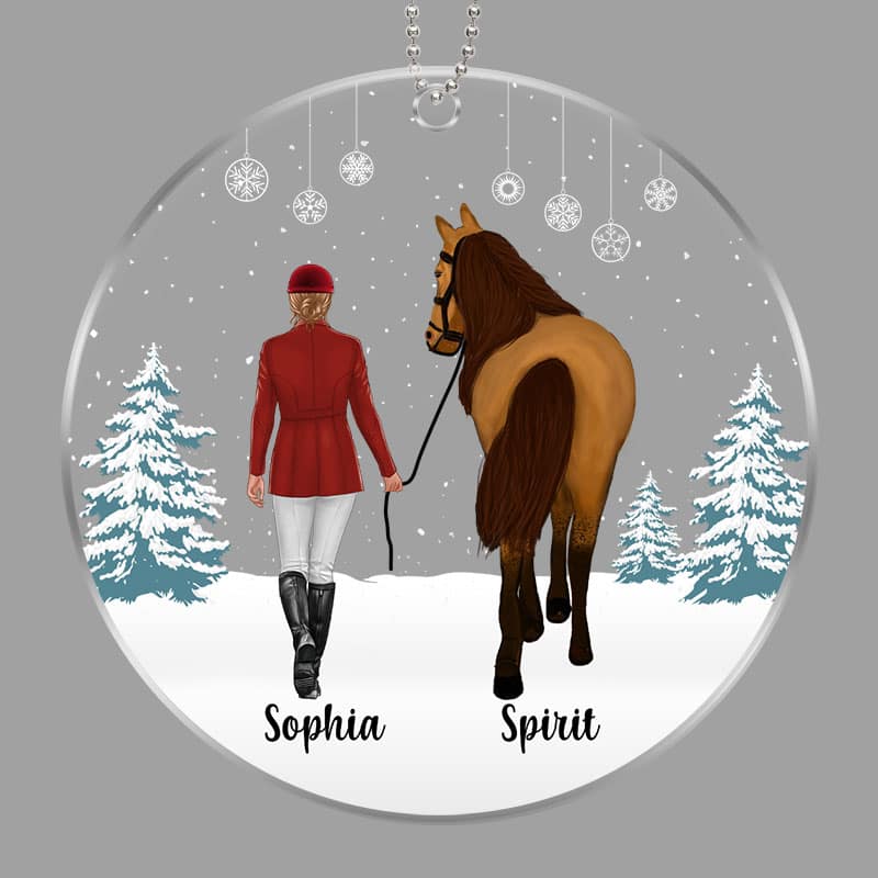 Girl Walking With Horse In Snow Personalized Acrylic Ornament - Image 2