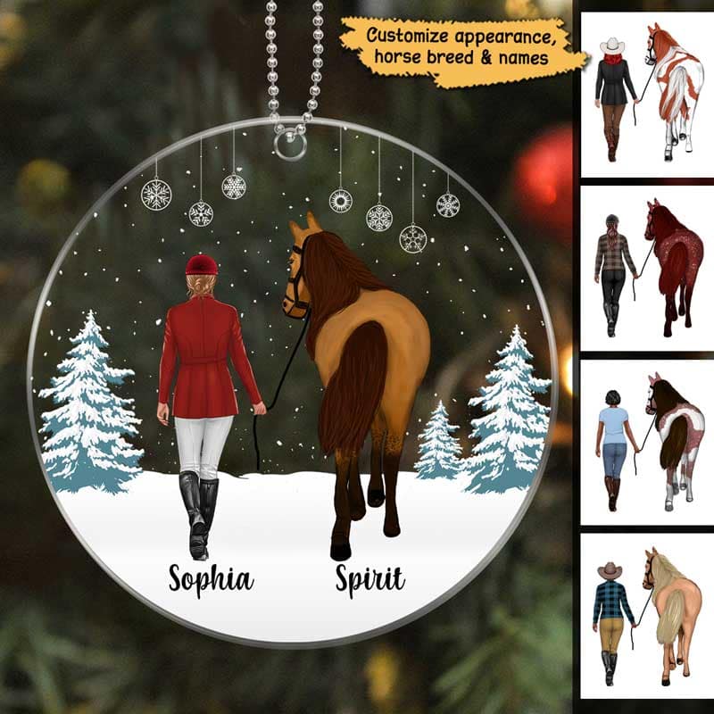 Girl Walking With Horse In Snow Personalized Acrylic Ornament - Image 3