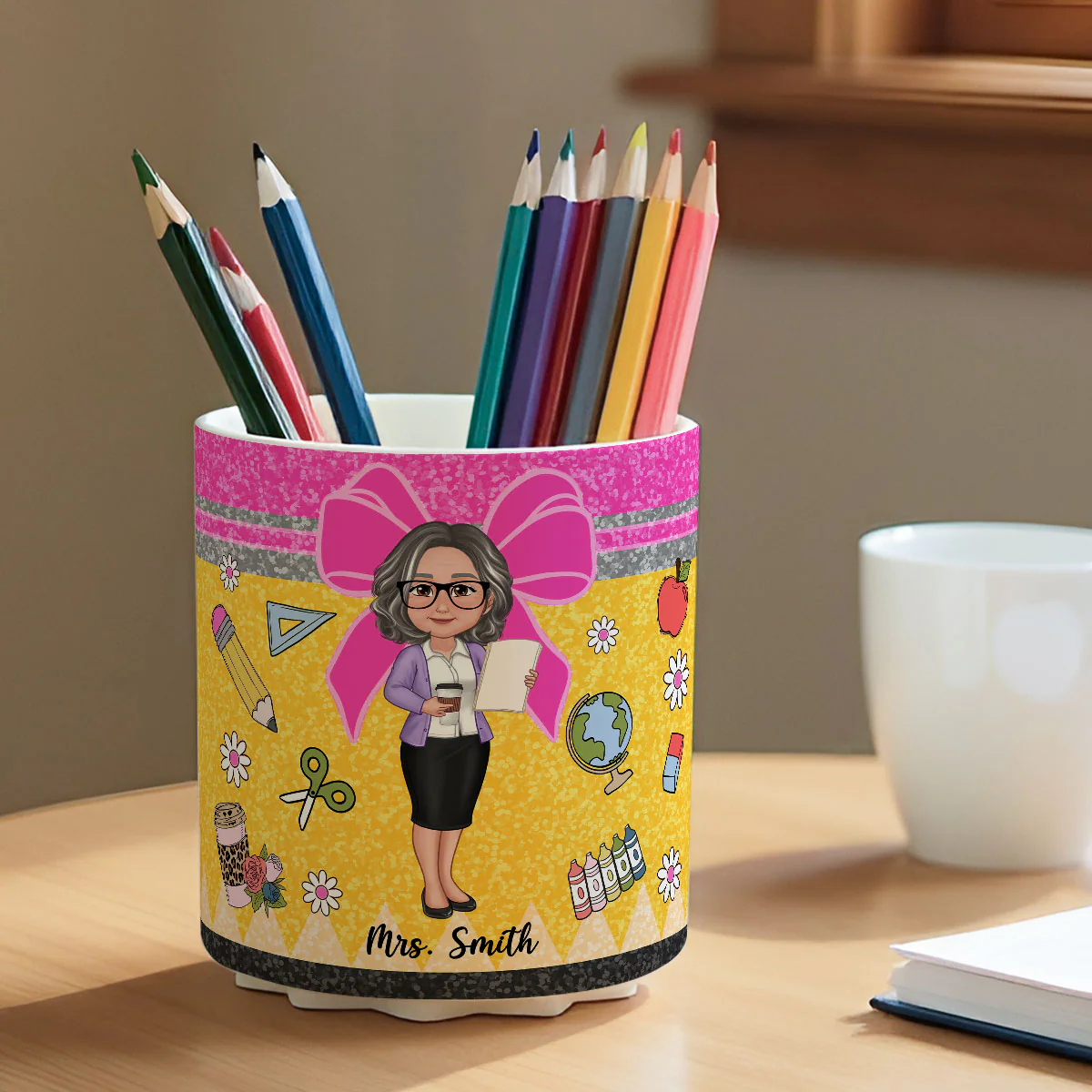 Glitter Coquette Pattern Personalized Rotating Pen Holder, Teacher Appreciation Gift, Back To School Gift - Image 6