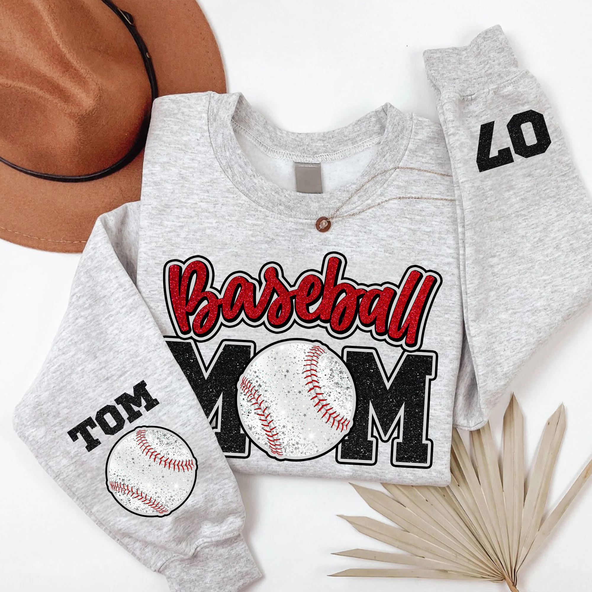Glitter Effect Baseball Mom Personalized Sleeve Printed Shirt, Proud Baseball Mom Game Day Shirt, Gift For Baseball Mom - Image 3