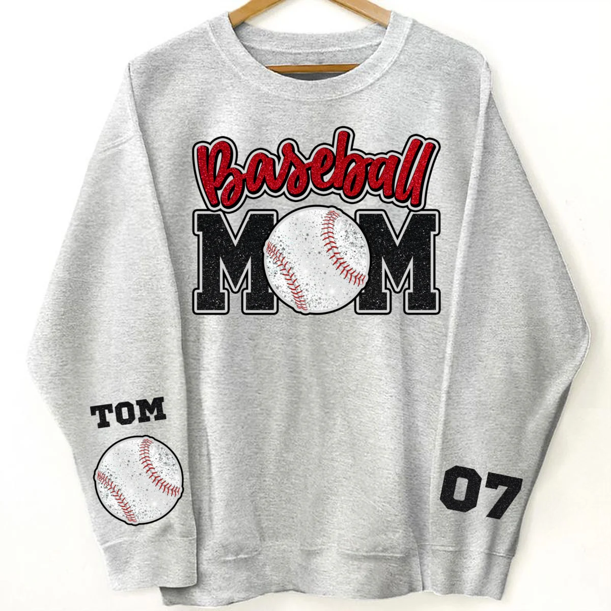 Glitter Effect Baseball Mom Personalized Sleeve Printed Shirt, Proud Baseball Mom Game Day Shirt, Gift For Baseball Mom - Image 6