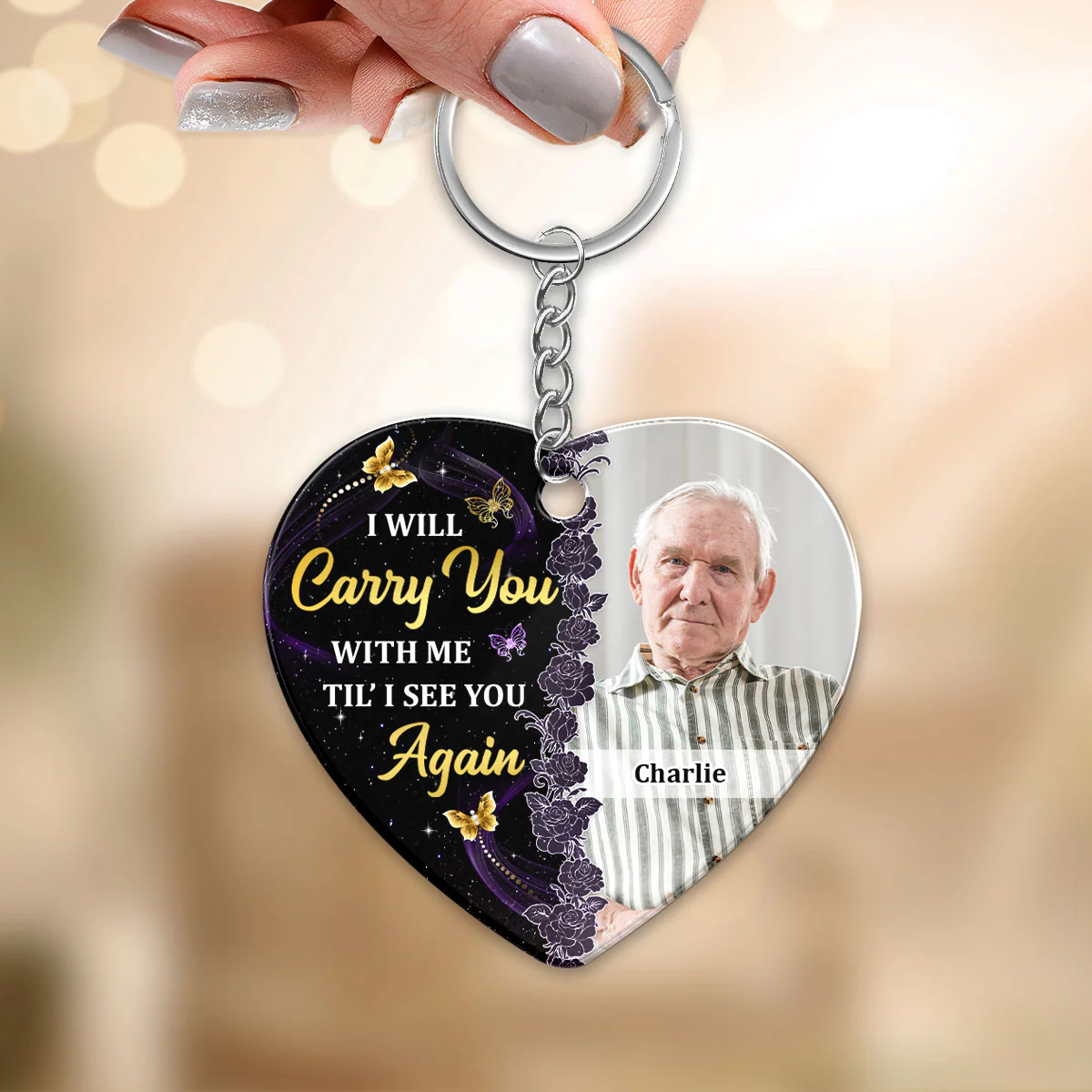 Glow Butterflies Family Memorial Remembrance Keepsake Photo Inserted Personalized Acrylic Keychain - Image 3