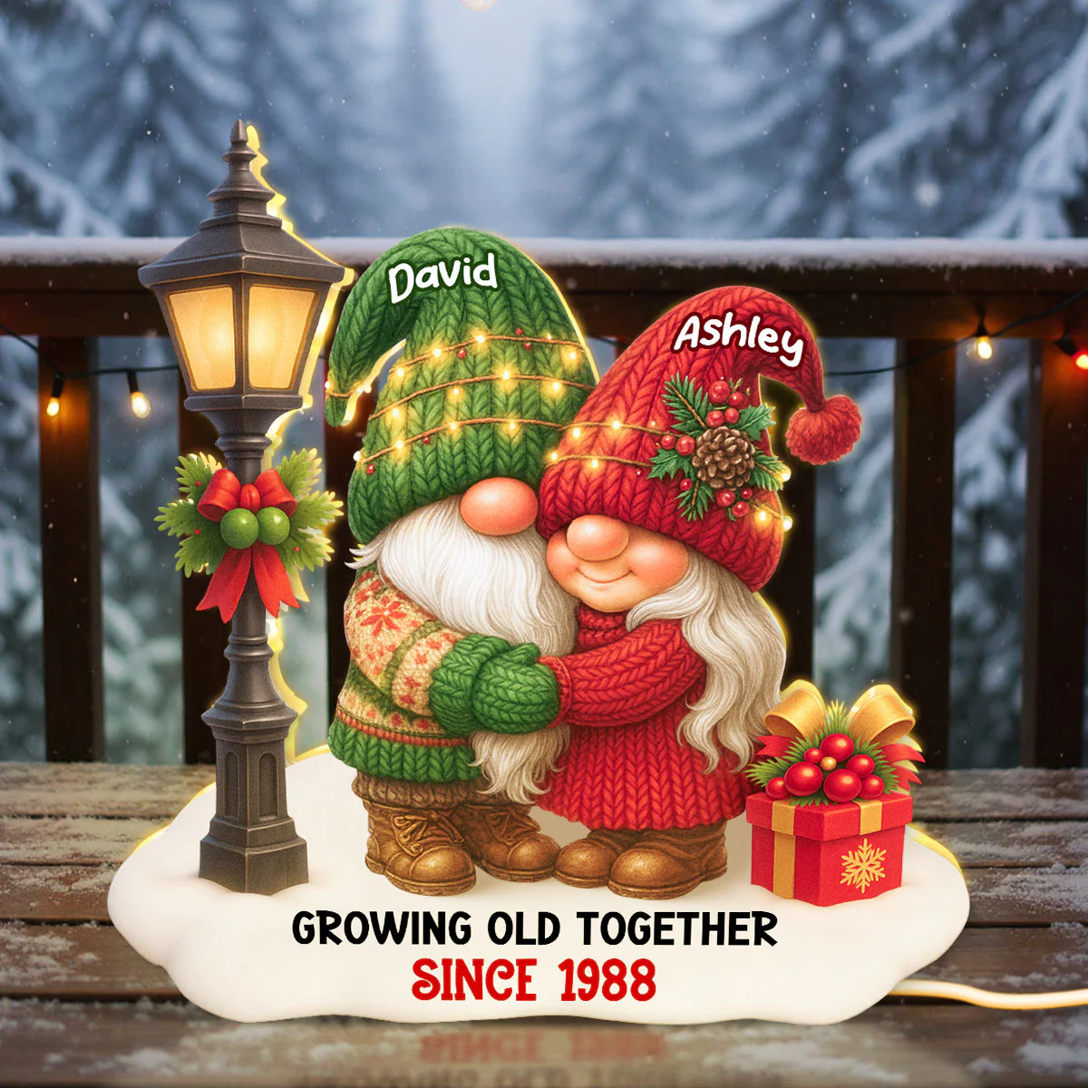 Gnome Christmas Couple Growing Old Together Personalized Light Box, Gift for him, for her - Image 2