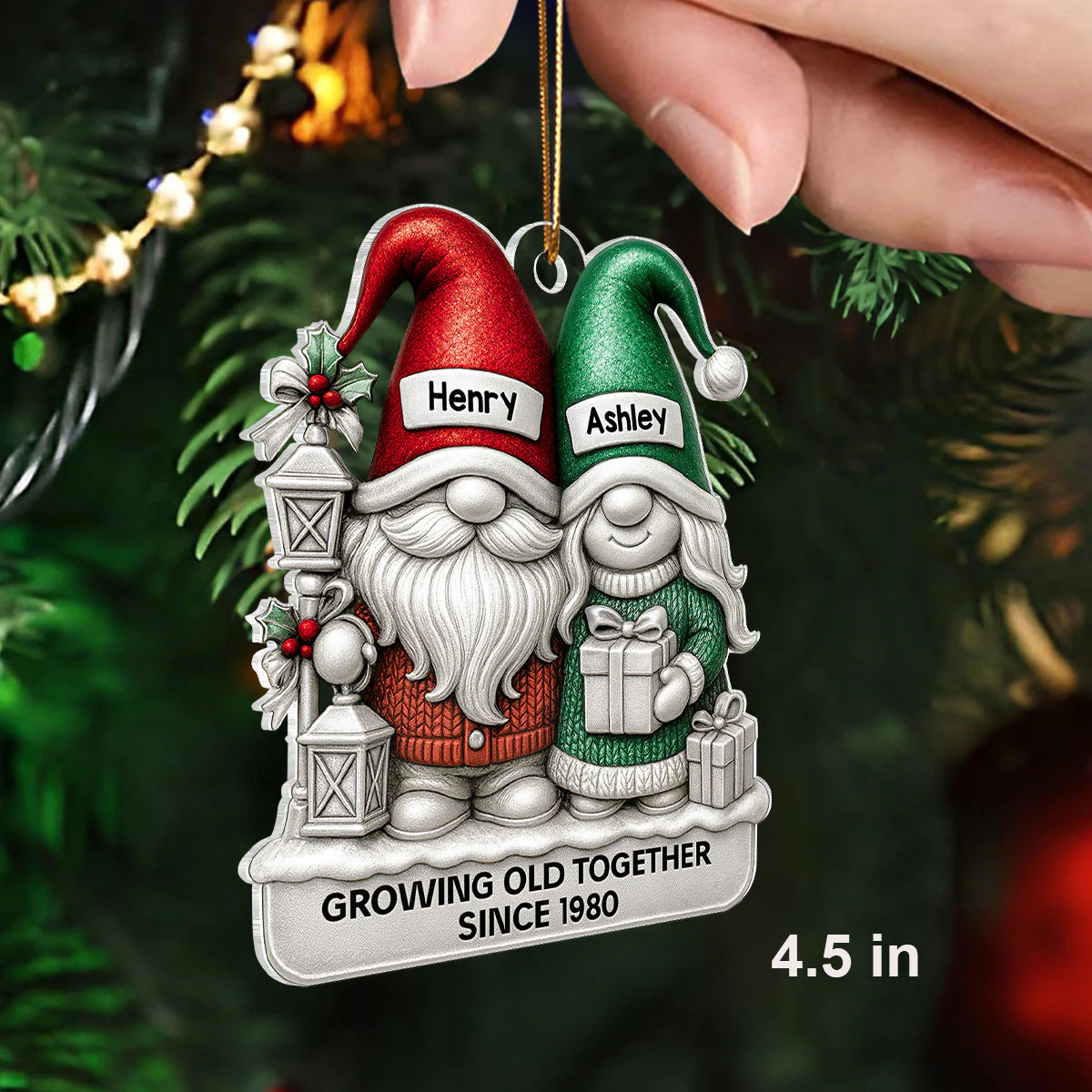 Gnome Couple 3D Metallic Effect - Personalized Acrylic Ornament - Christmas Gift for Couple - Image 2