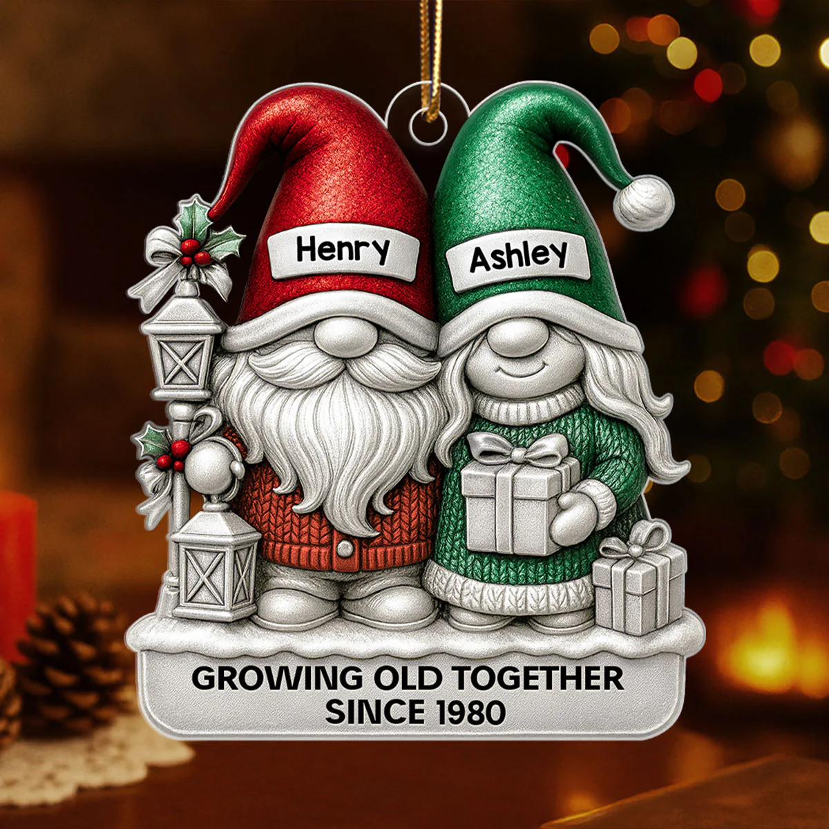 Gnome Couple 3D Metallic Effect - Personalized Acrylic Ornament - Christmas Gift for Couple - Image 3
