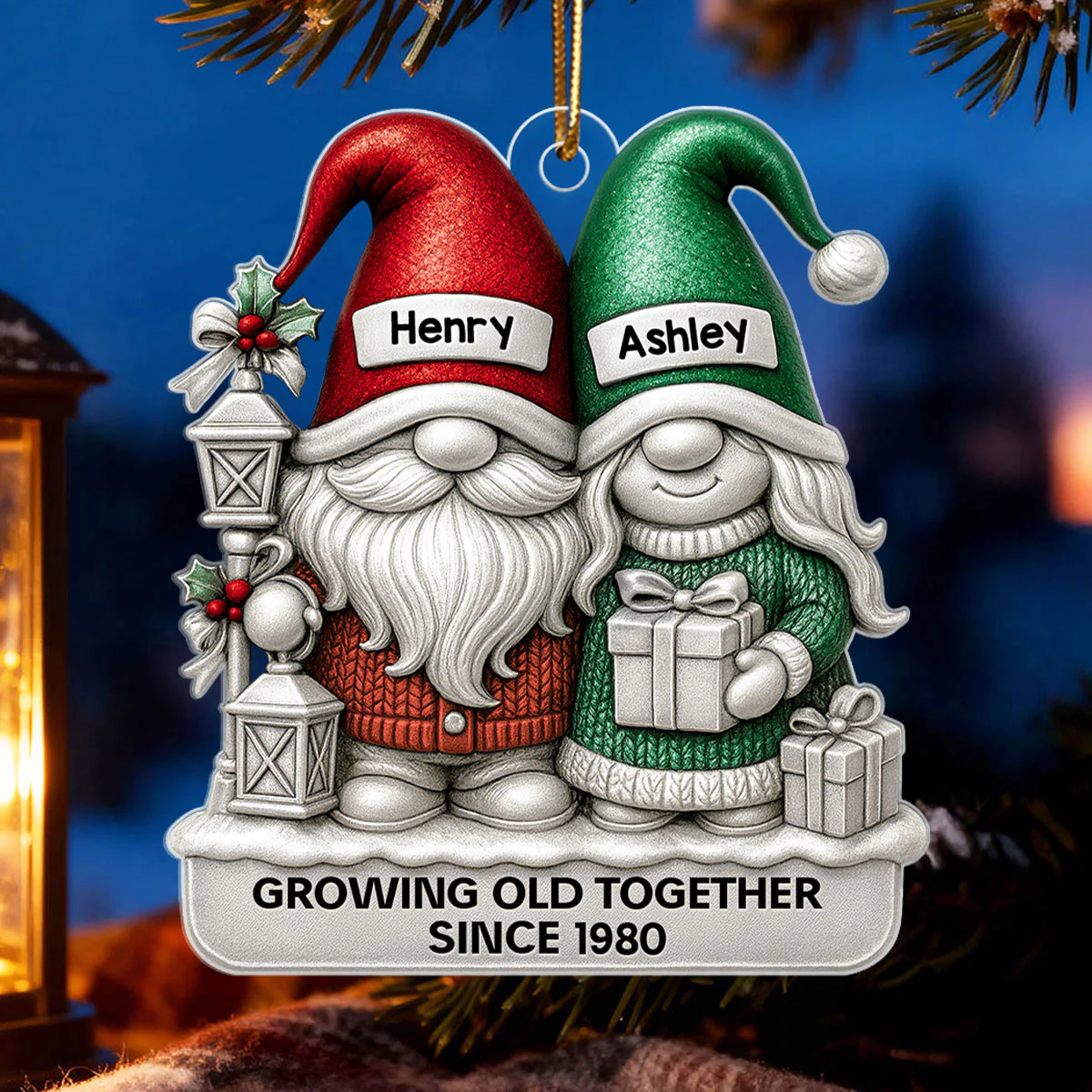 Gnome Couple 3D Metallic Effect - Personalized Acrylic Ornament - Christmas Gift for Couple - Image 6