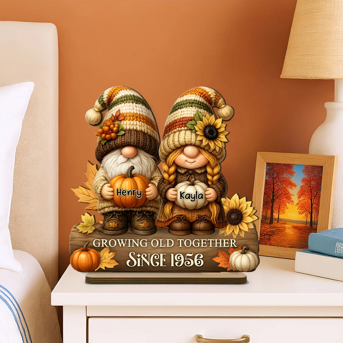 Gnome Couple Growing Old Together Personalized Standing Wooden Plaque, Fall Decor for Couple - Image 3