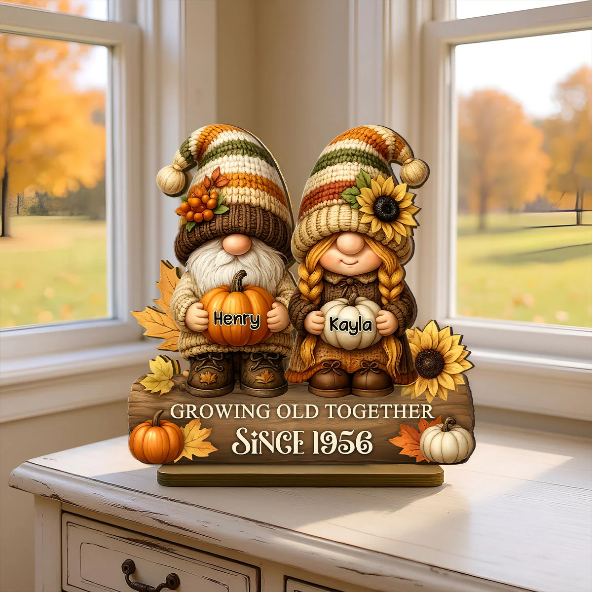 Gnome Couple Growing Old Together Personalized Standing Wooden Plaque, Fall Decor for Couple - Image 4