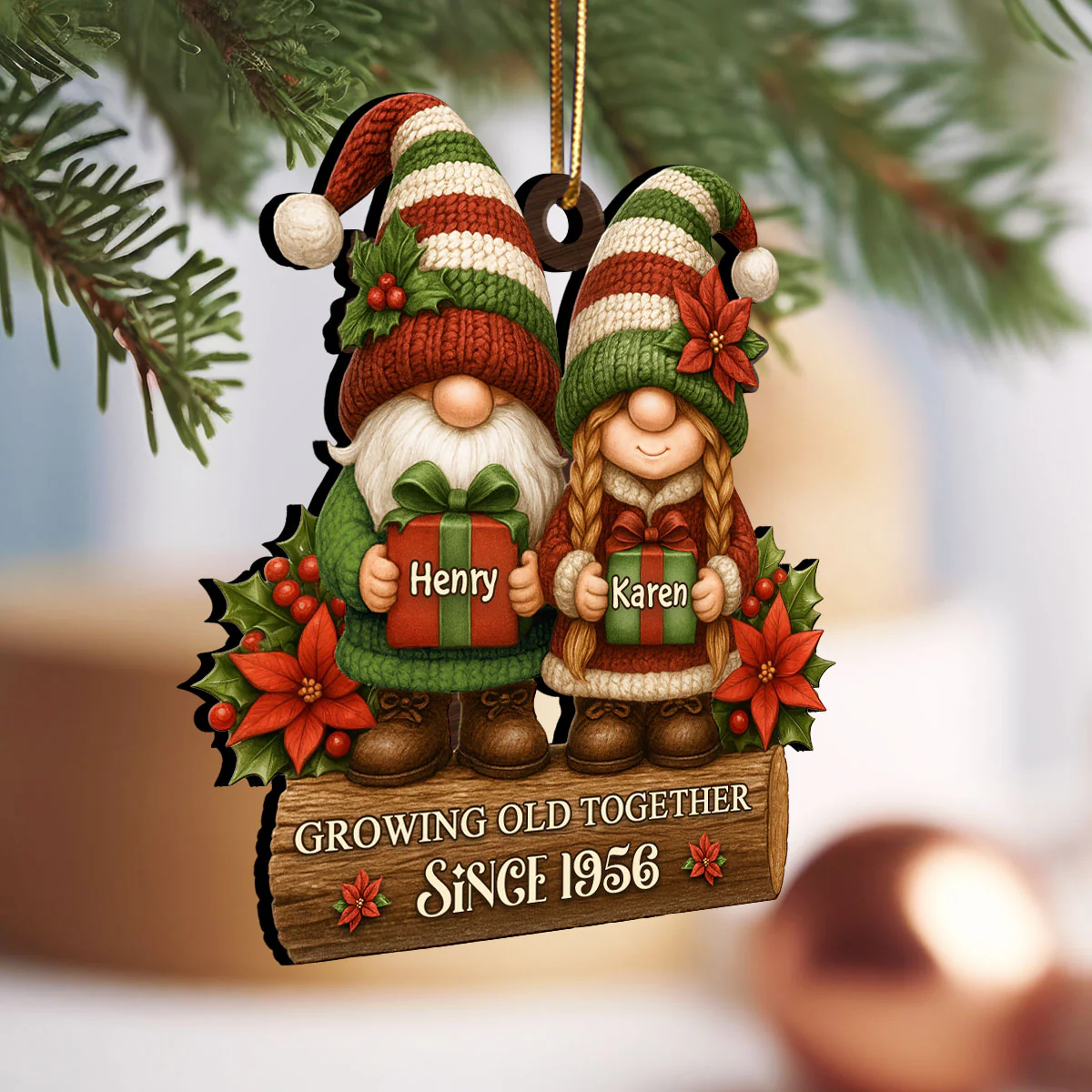Gnome Couple Growing Old Together - Personalized Wooden Ornament - Christmas Gift for Husband, Wife - Image 2