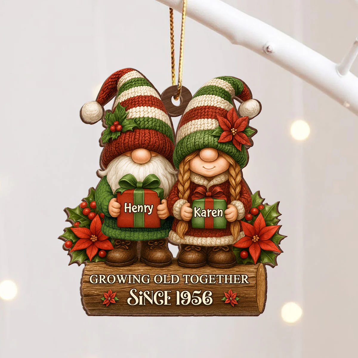 Gnome Couple Growing Old Together - Personalized Wooden Ornament - Christmas Gift for Husband, Wife - Image 3