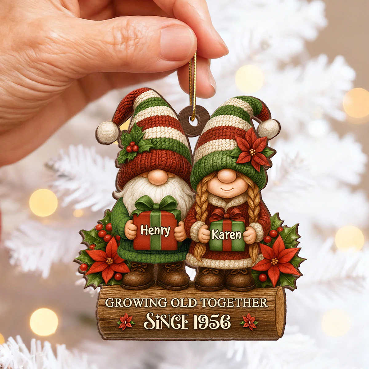 Gnome Couple Growing Old Together - Personalized Wooden Ornament - Christmas Gift for Husband, Wife - Image 4